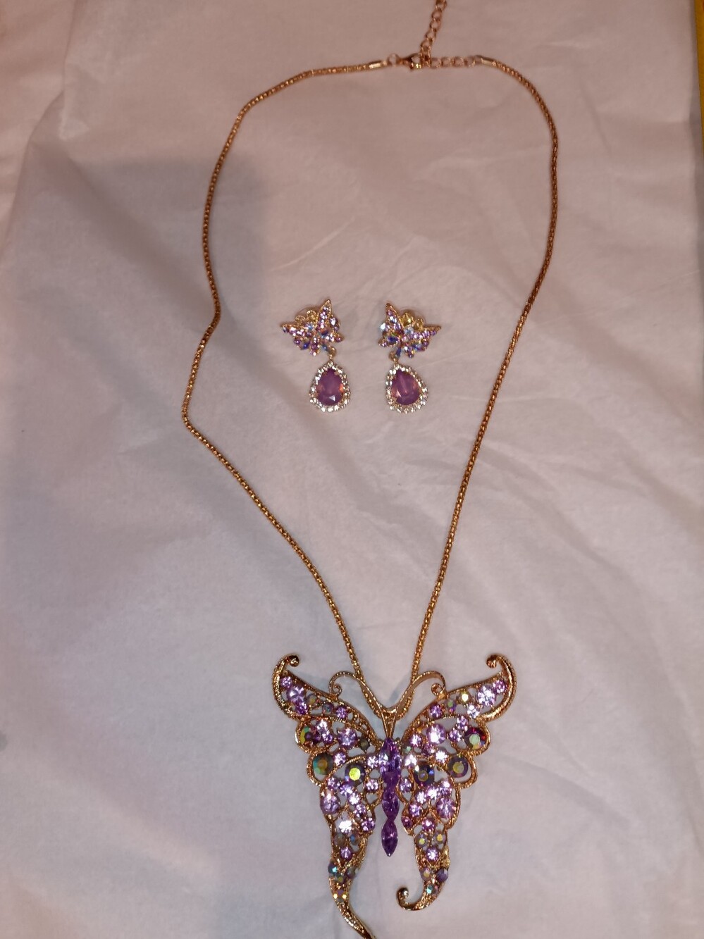 Betsey Johnson Purple Butterfly Crystal Necklace and Earring Set